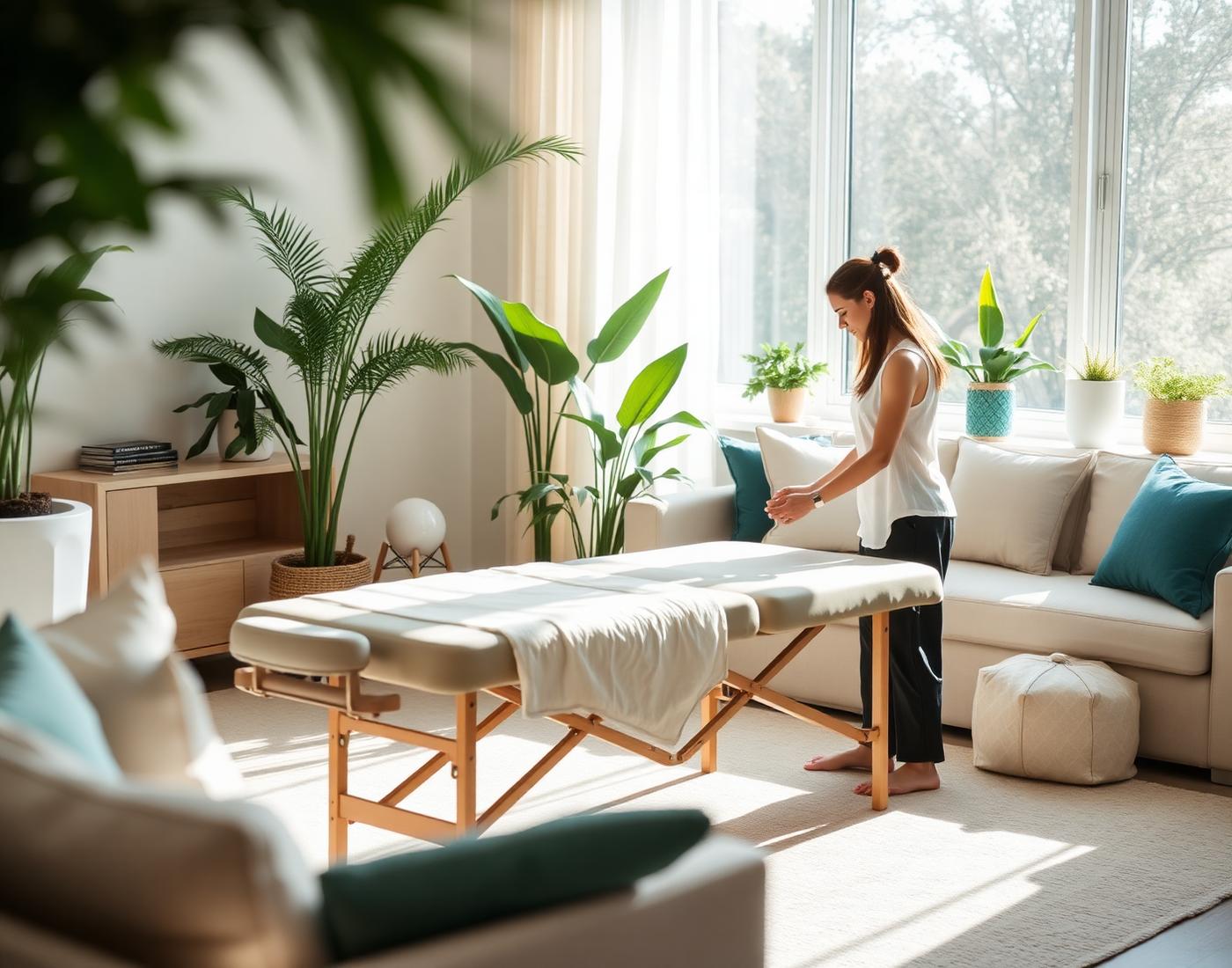 Therapist setting up a massage table in a sunlit living room