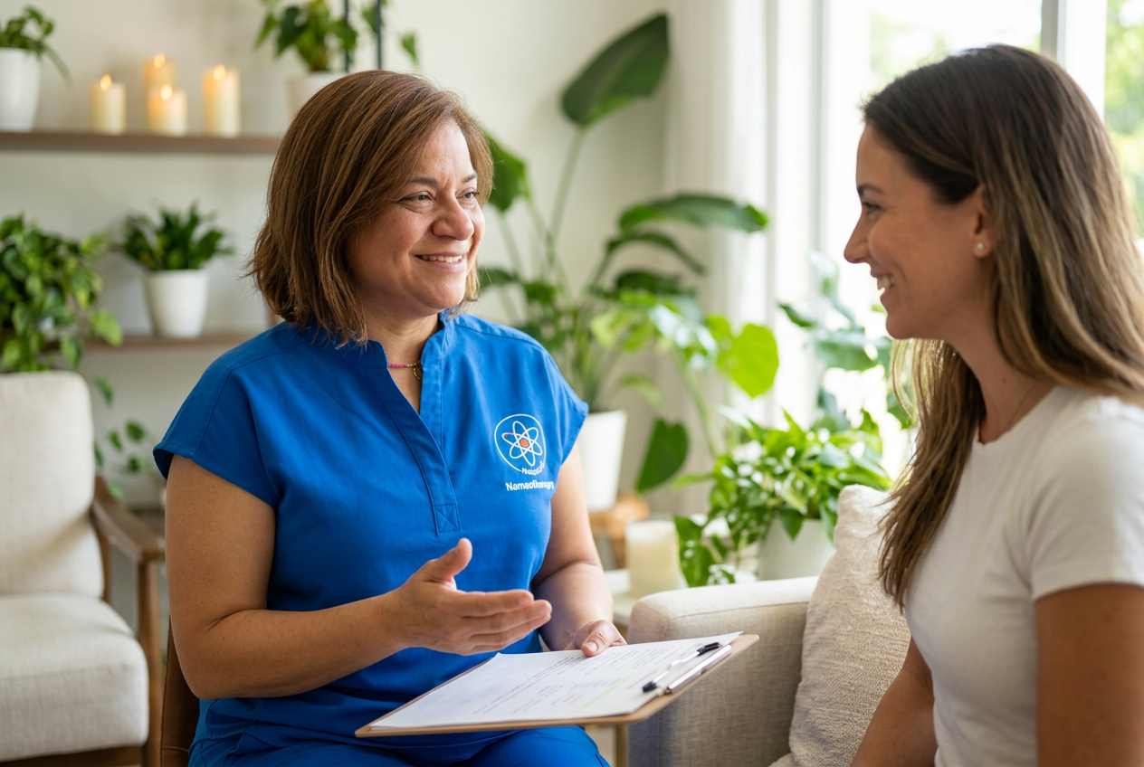 Andreina consulting with a client about their massage plan